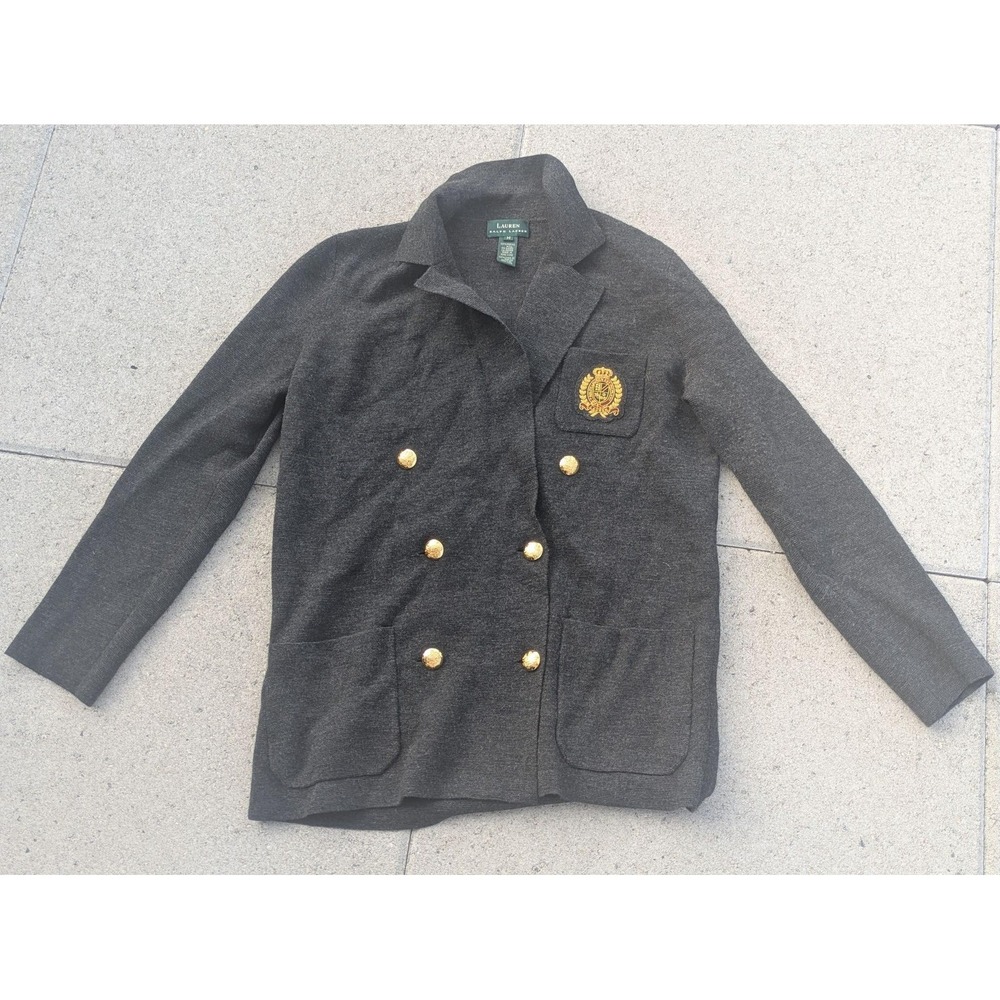 Ralph Lauren Grey Merino Wool Double Breasted Crest Crown Logo Button Blazer M
